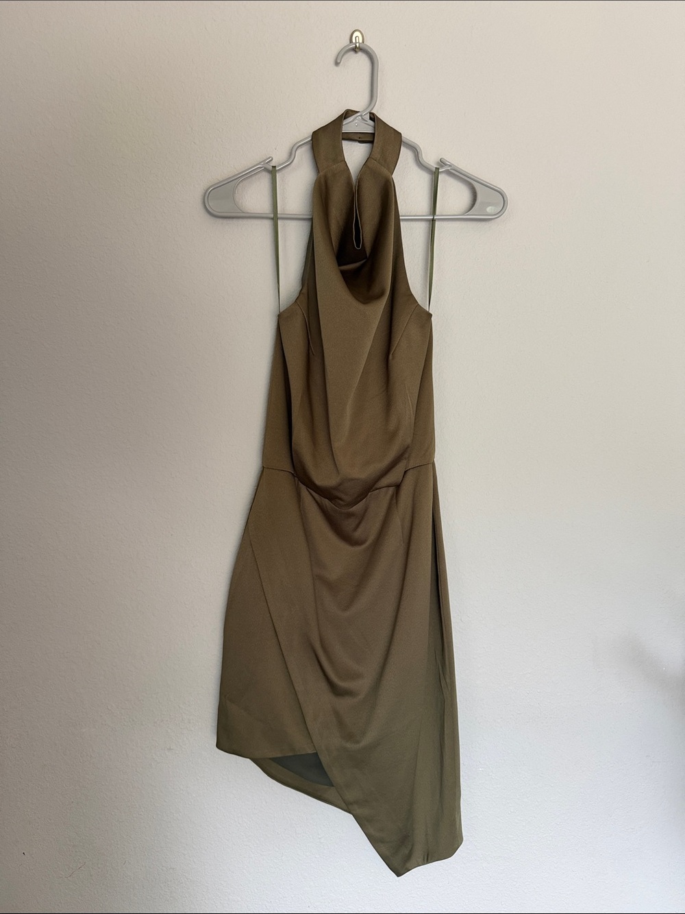 VINTAGE Sleeveless Olive Halter Asymmetrical Dress